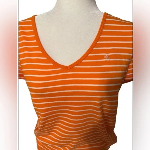 Ralph Lauren Orange Striped V-Neck Women's Top - Picture 2 of 4